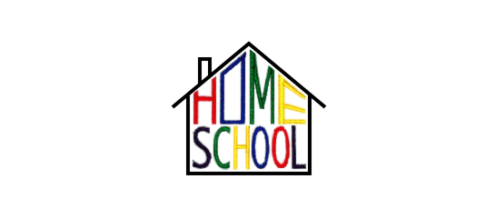 Multicolored text inside the outline of a house. Text reads 'Homeschool'