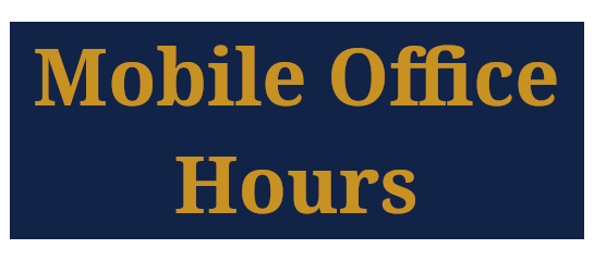 Dark blue background with gold text reading 'Mobile office hours'