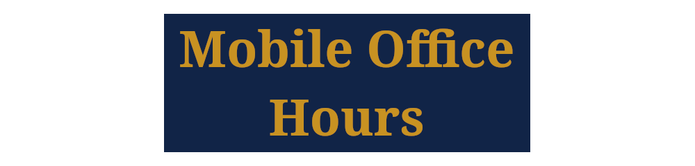 Dark blue background with gold text reading 'Mobile office hours'