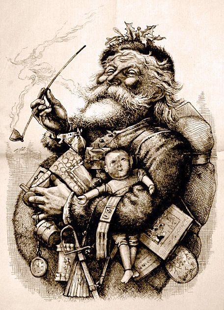 *Merry Old Santa Claus* by Thomas Nast (Santa with an armful of toys under his left arm and a clay pipe in his right)