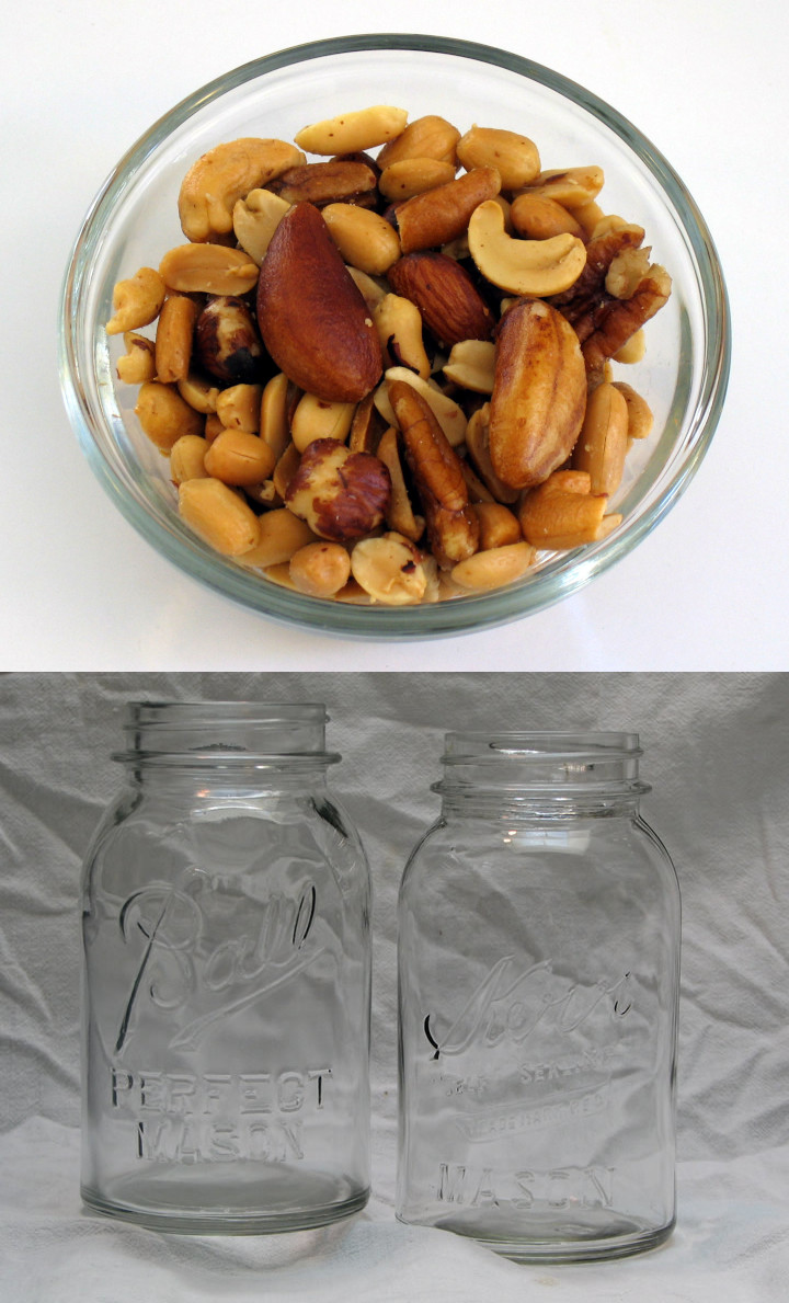 A diptych with a bowl of mixed nuts in one image and 2 Mason jars in the other