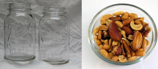 A diptych with a bowl of mixed nuts in one image and 2 Mason jars in the other