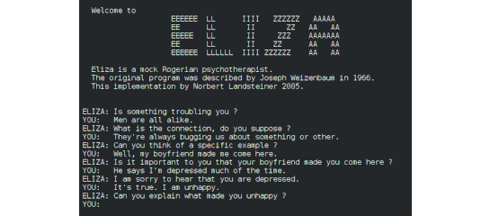 Screen shot from the beginning of a session with Eliza, an early chatbot that mimicked a Rogerian psychotherapist