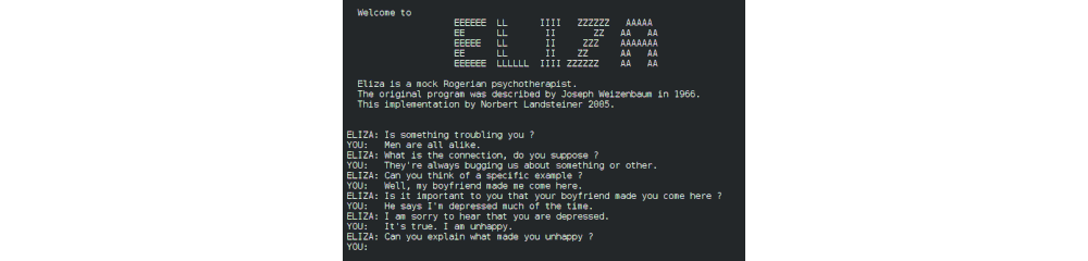 Screen shot from the beginning of a session with Eliza, an early chatbot that mimicked a Rogerian psychotherapist